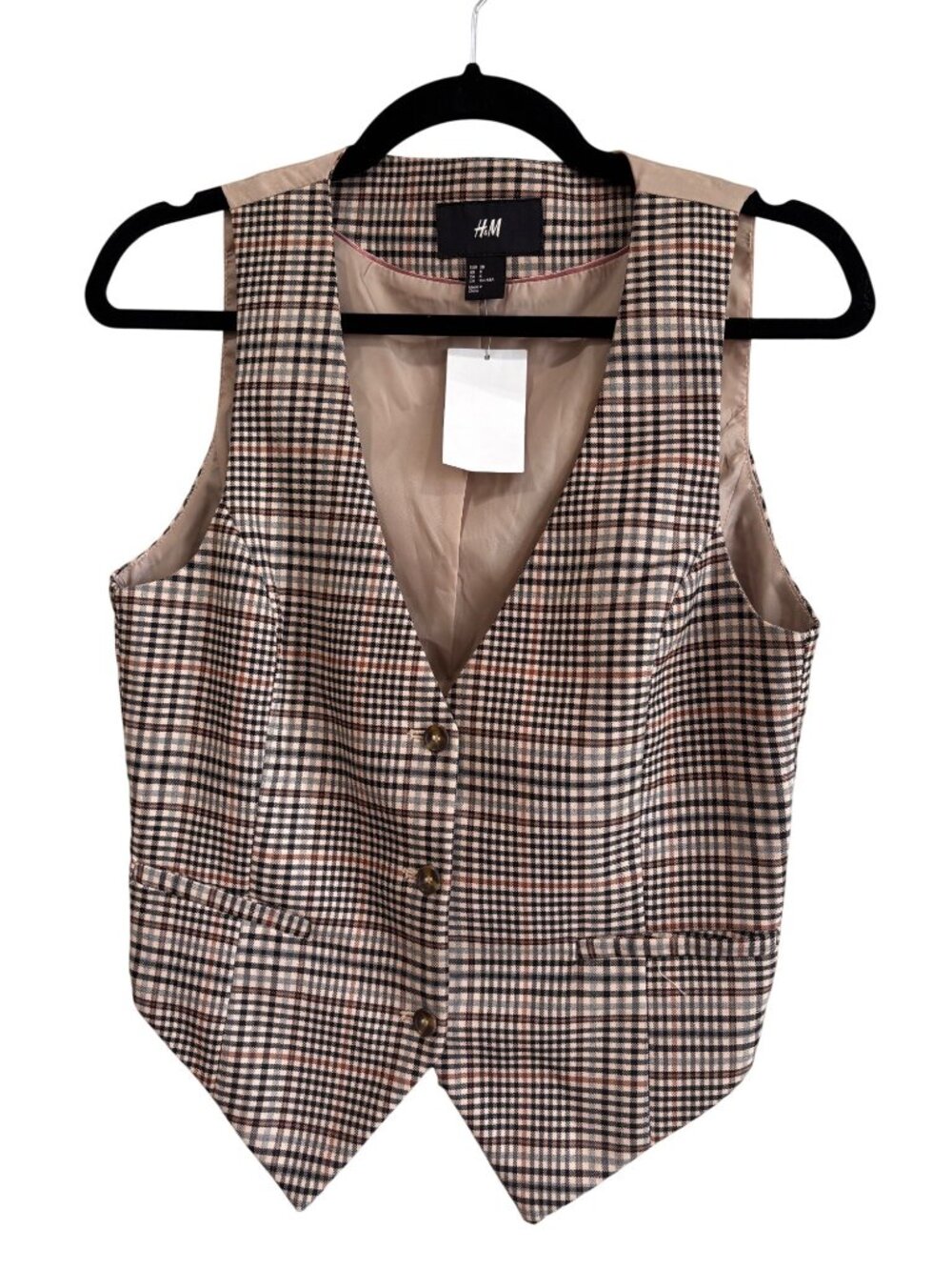 H&M Womens Plaid Button Vest Size 8 Brown Beige Checkered Pattern